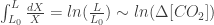 \int_{L_0}^L \frac{dX}{X} = ln(\frac{L}{L_0}) \sim ln(\Delta{[CO_2]}) 